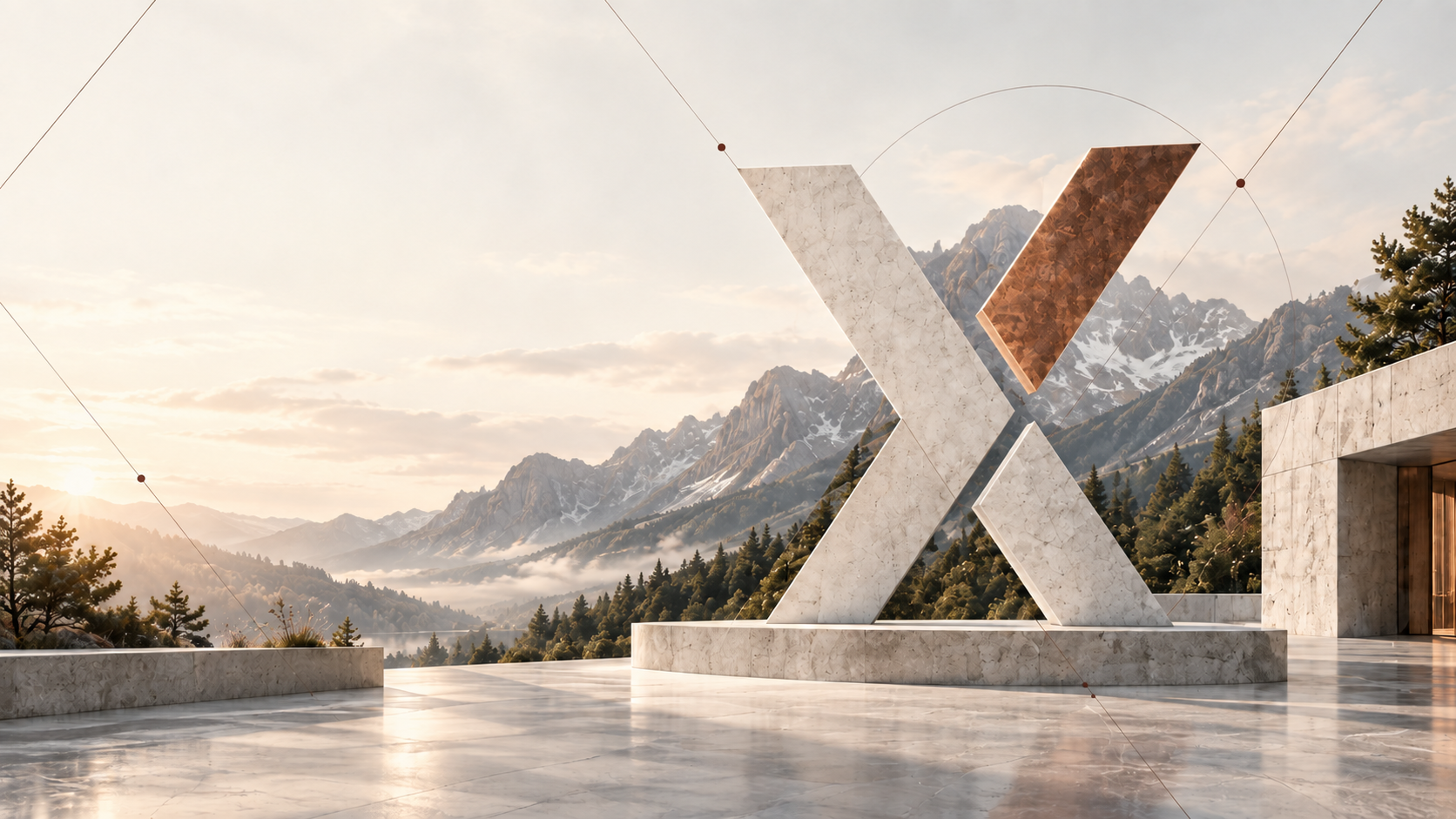 Marble and copper Helyx X overlooking a mountain landscape
